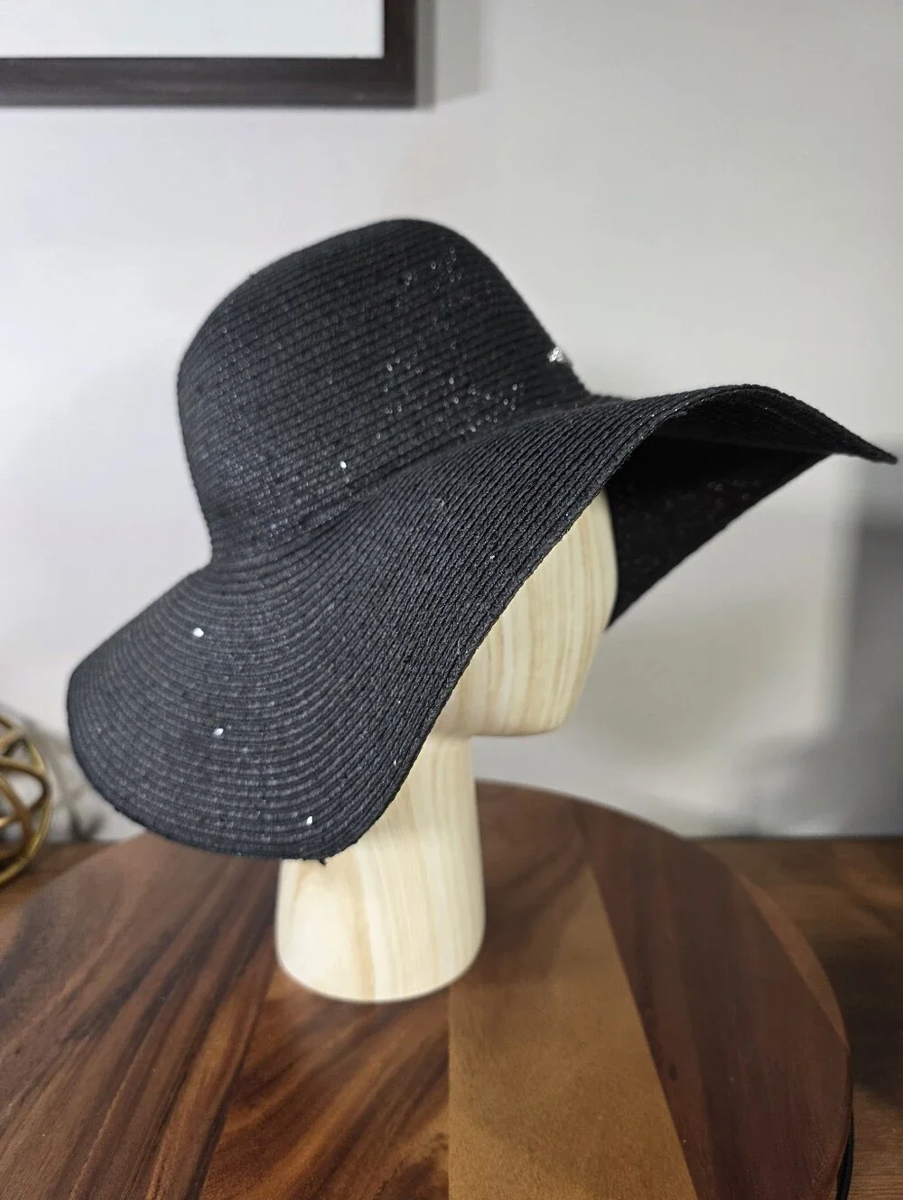 Calvin Klein Black Sparkle Straw Floppy Sun Hat Wide Brim Beach